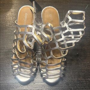 Express Metallic Silver Cage Heels